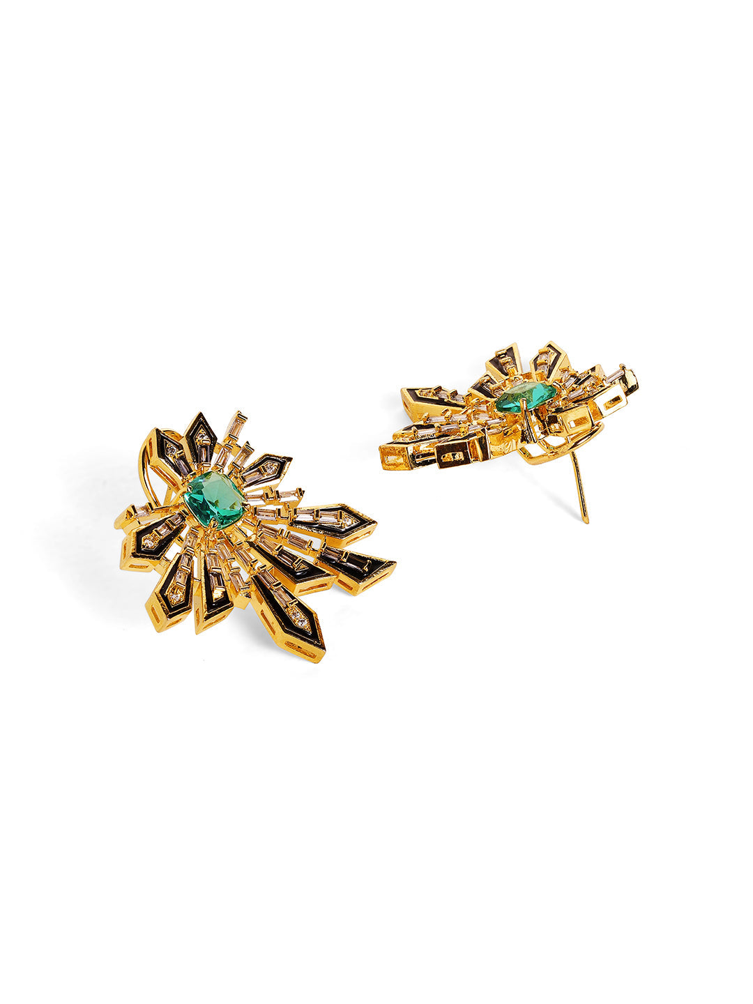 Mint Stoned Floral Style American Diamond Gold Plated Stud Earrings
