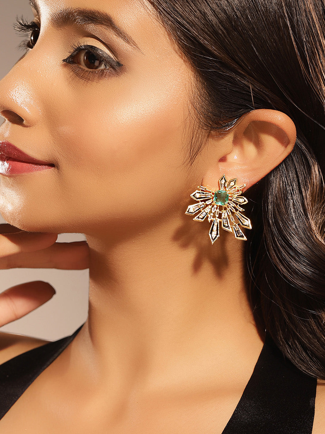 Mint Stoned Floral Style American Diamond Gold Plated Stud Earrings