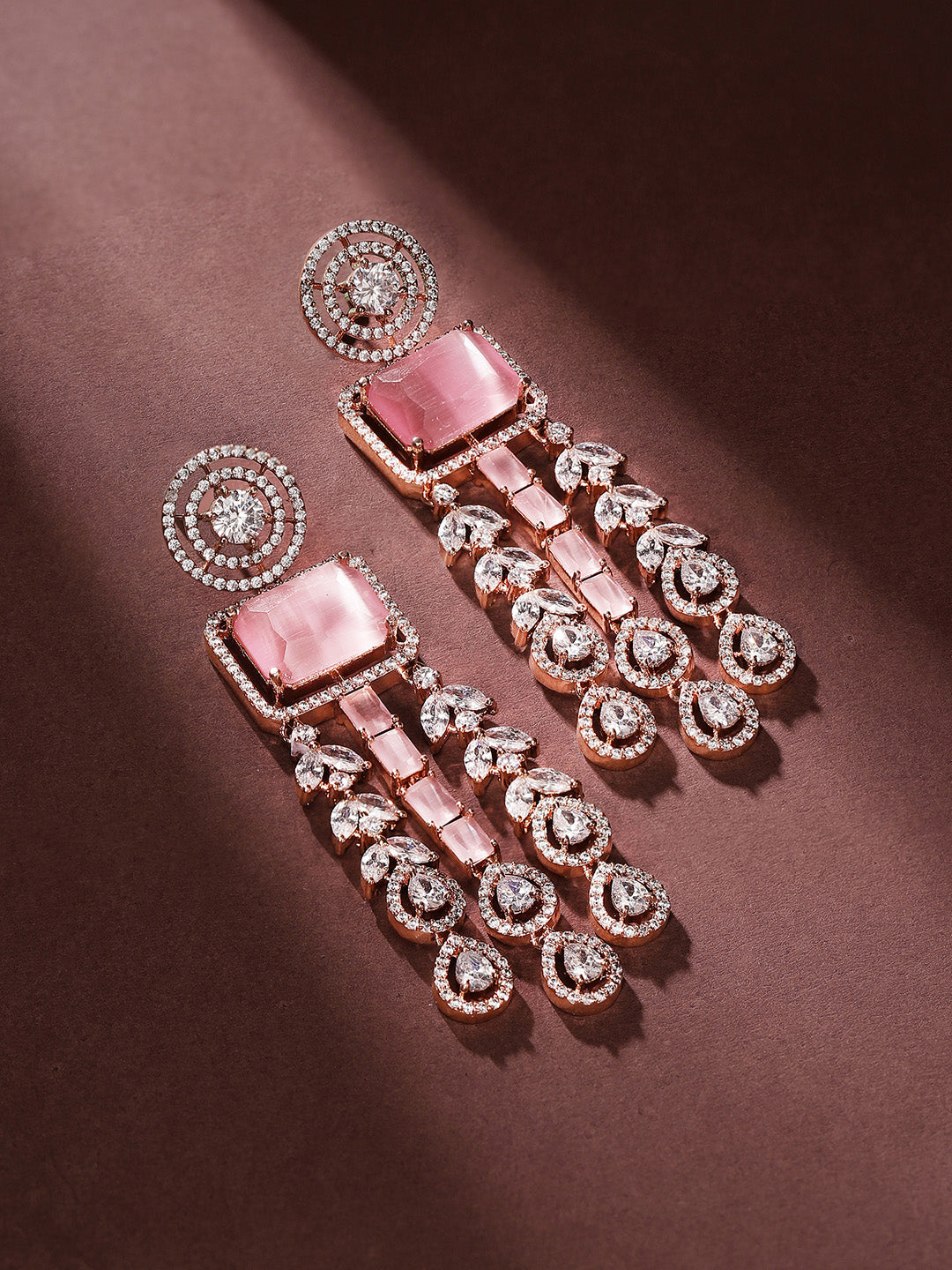 Pink Stoned Drop Style American Diamond Rosegold Plated Elegance Earrings