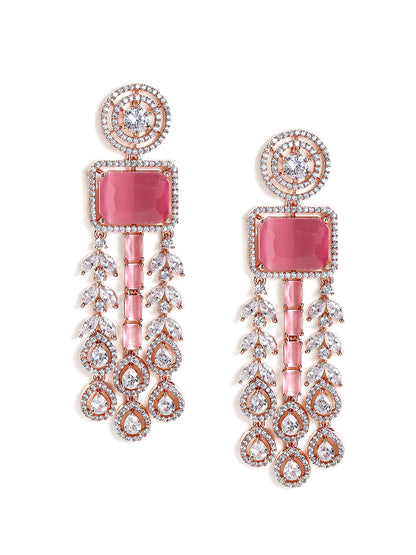 Pink Stoned Drop Style American Diamond Rosegold Plated Elegance Earrings
