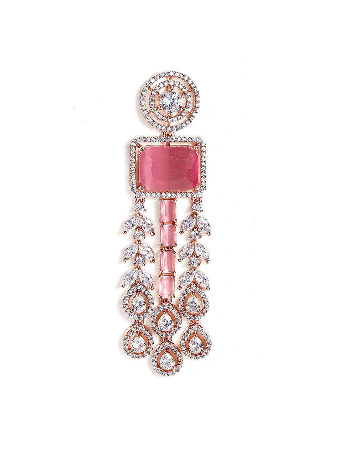 Pink Stoned Drop Style American Diamond Rosegold Plated Elegance Earrings