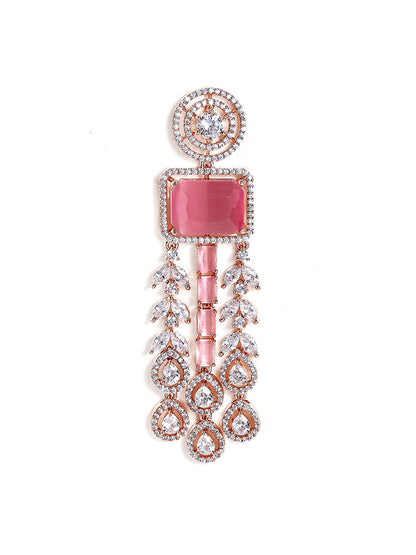 Pink Stoned Drop Style American Diamond Rosegold Plated Elegance Earrings