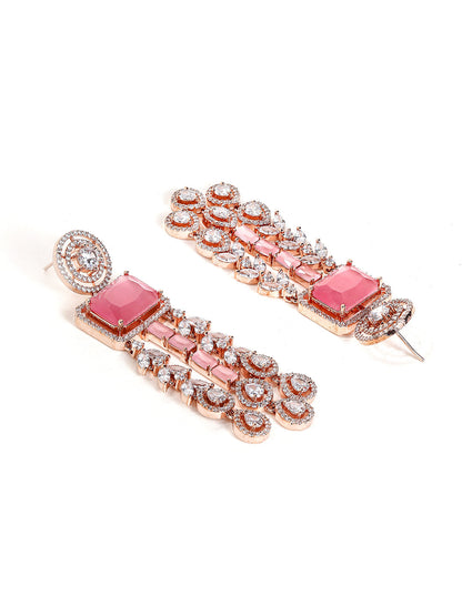 Pink Stoned Drop Style American Diamond Rosegold Plated Elegance Earrings