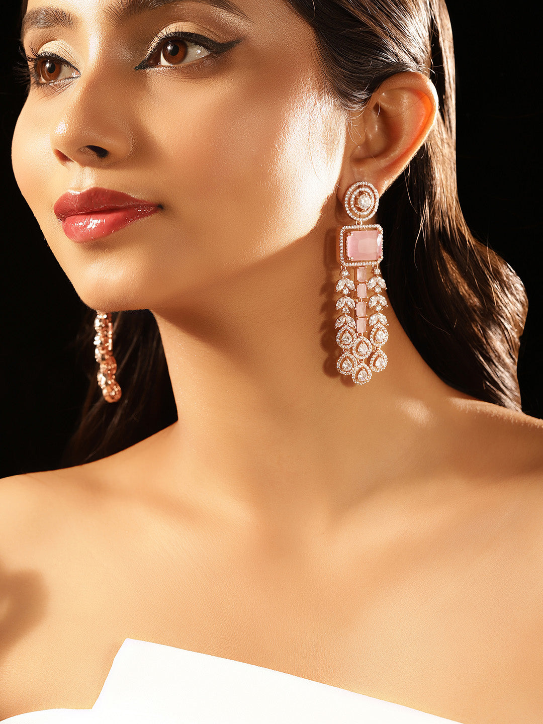 Pink Stoned Drop Style American Diamond Rosegold Plated Elegance Earrings