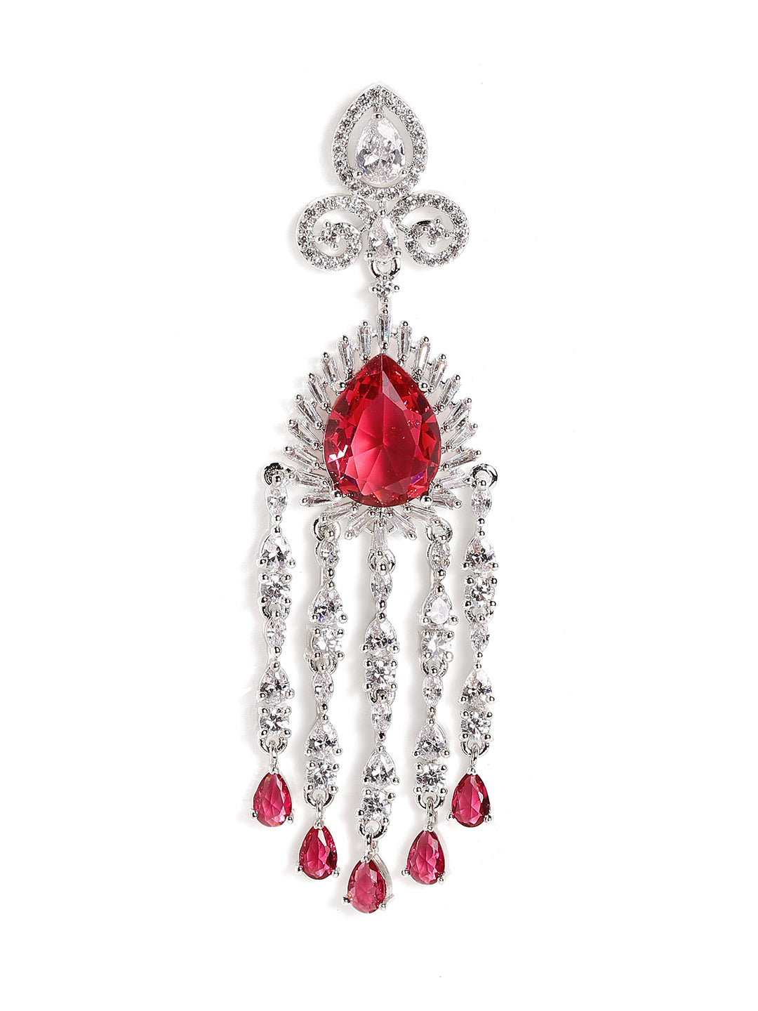 Ruby Stoned American Diamond Floral Pattern Silver Plated Drop Earrings