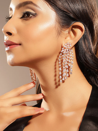 Rosegold Plated Tassels American Diamond Tassels Drop Earrings