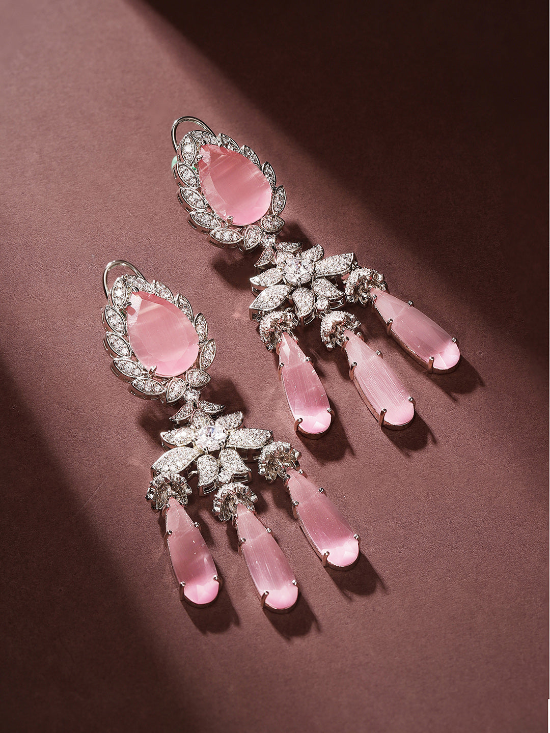 Pink Stoned American Diamond Floral Style Silver Plated Drop Earrings