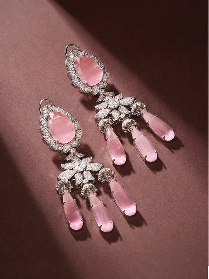 Pink Stoned American Diamond Floral Style Silver Plated Drop Earrings