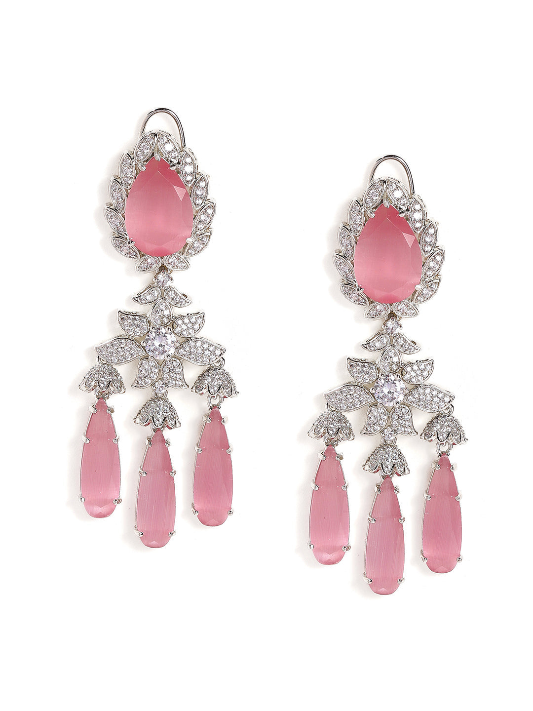 Pink Stoned American Diamond Floral Style Silver Plated Drop Earrings