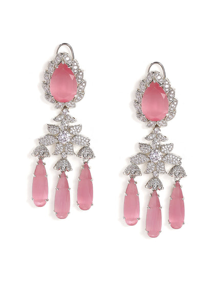 Pink Stoned American Diamond Floral Style Silver Plated Drop Earrings