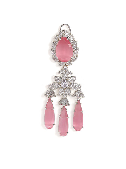 Pink Stoned American Diamond Floral Style Silver Plated Drop Earrings