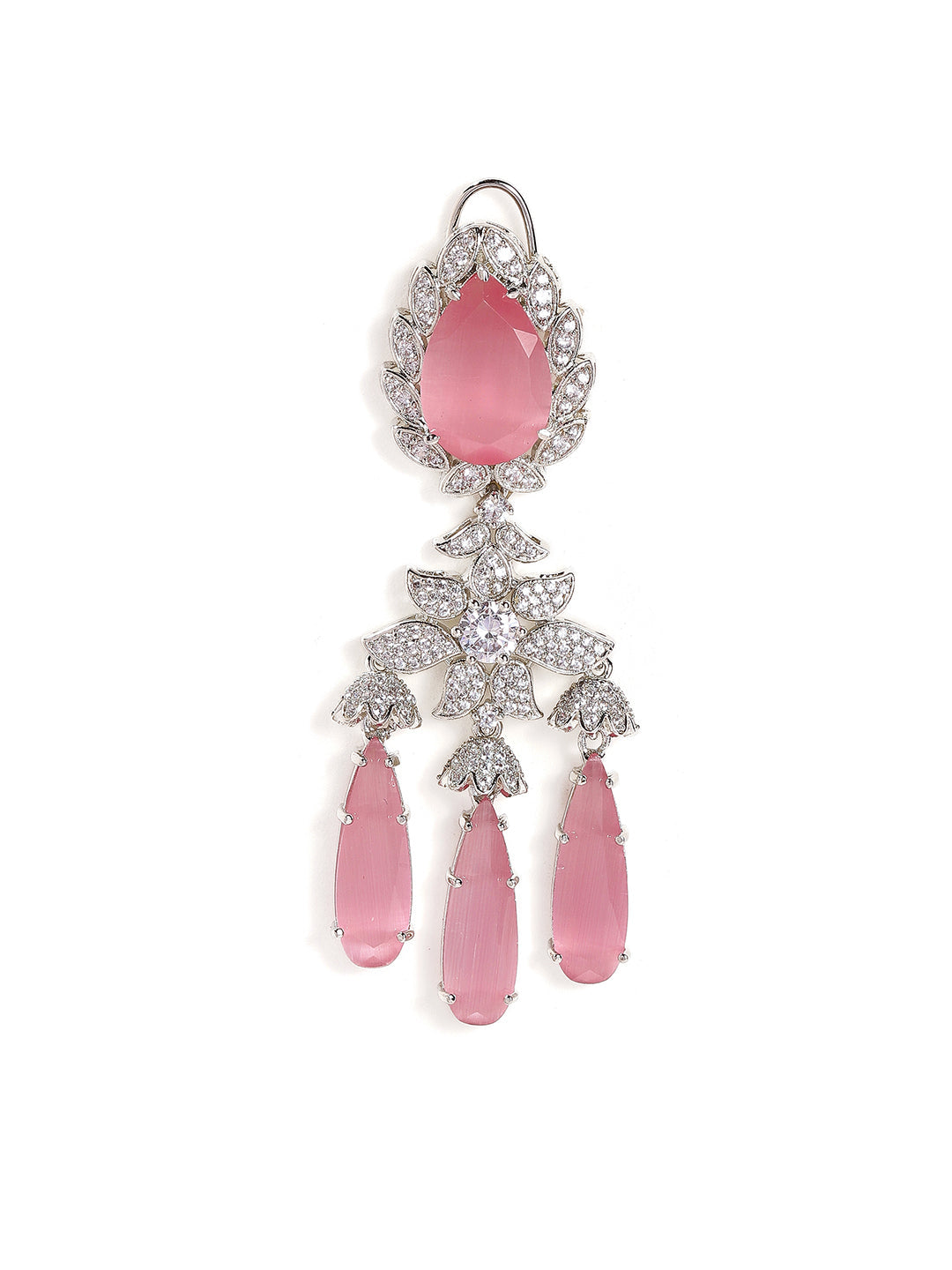 Pink Stoned American Diamond Floral Style Silver Plated Drop Earrings