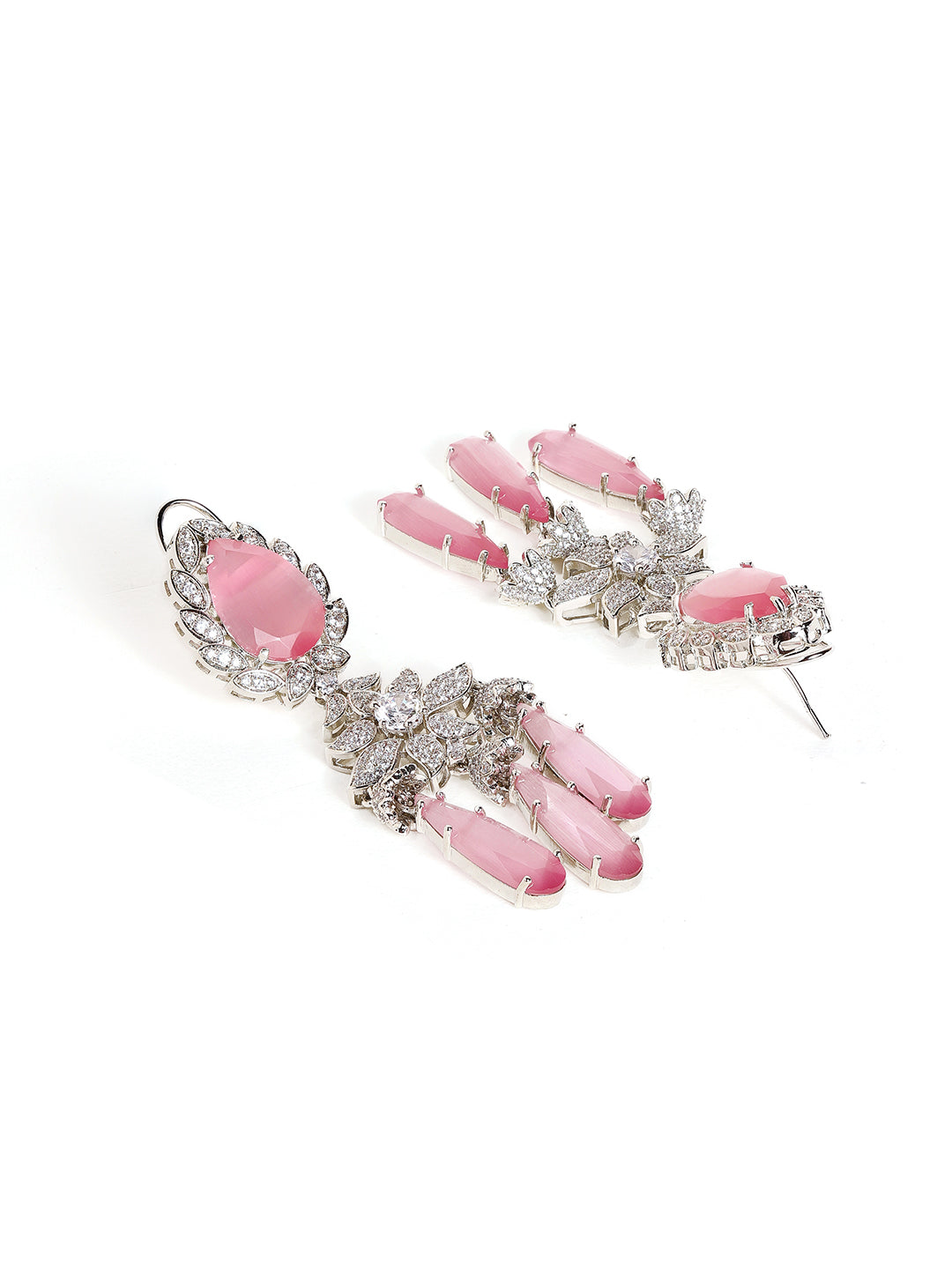 Pink Stoned American Diamond Floral Style Silver Plated Drop Earrings