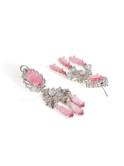 Pink Stoned American Diamond Floral Style Silver Plated Drop Earrings
