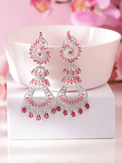 Ruby Stoned American Diamond Statement Pattern Silver Plated Drop Earrings