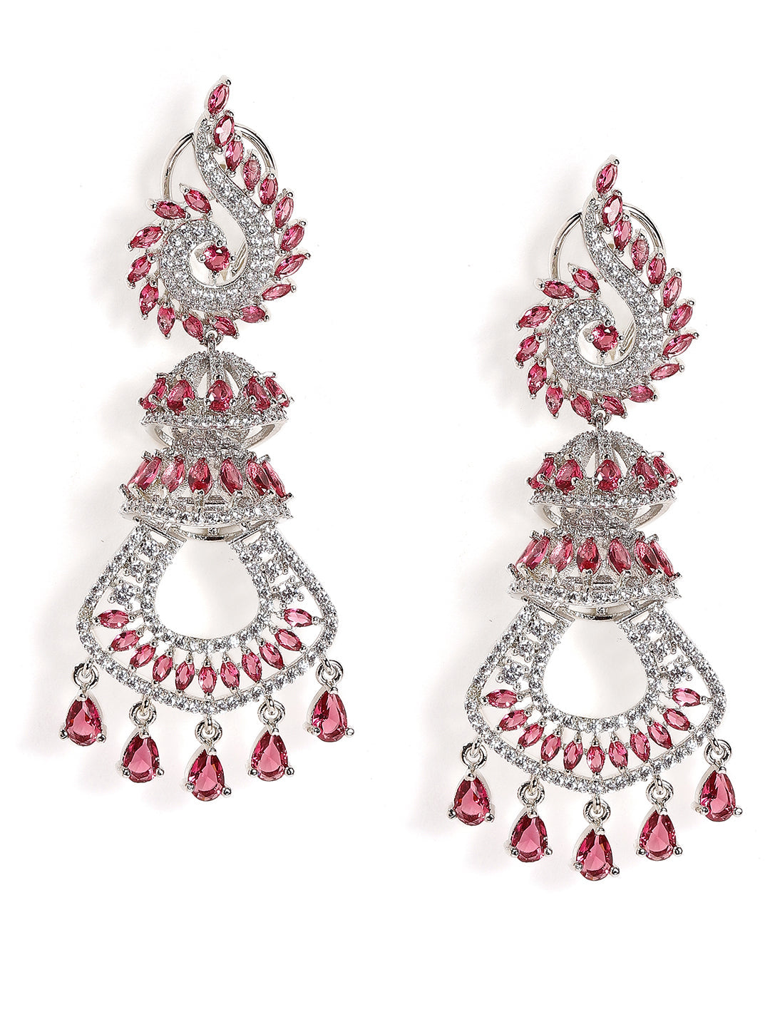 Ruby Stoned American Diamond Statement Pattern Silver Plated Drop Earrings