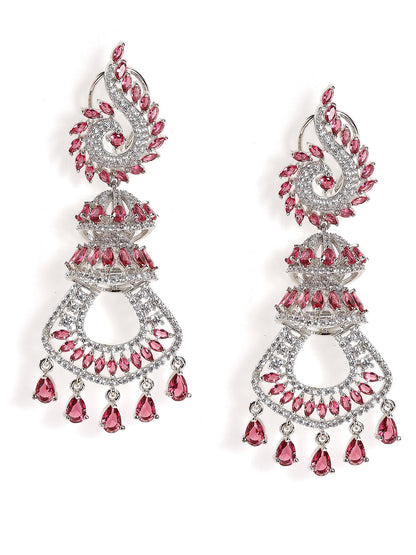 Ruby Stoned American Diamond Statement Pattern Silver Plated Drop Earrings