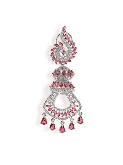 Ruby Stoned American Diamond Statement Pattern Silver Plated Drop Earrings