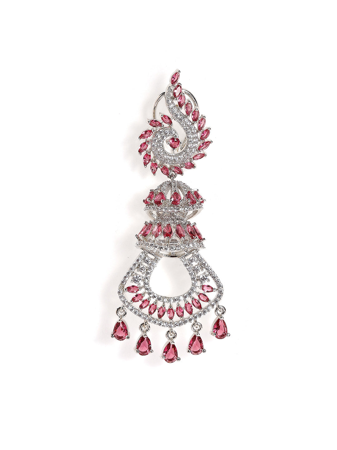Ruby Stoned American Diamond Statement Pattern Silver Plated Drop Earrings