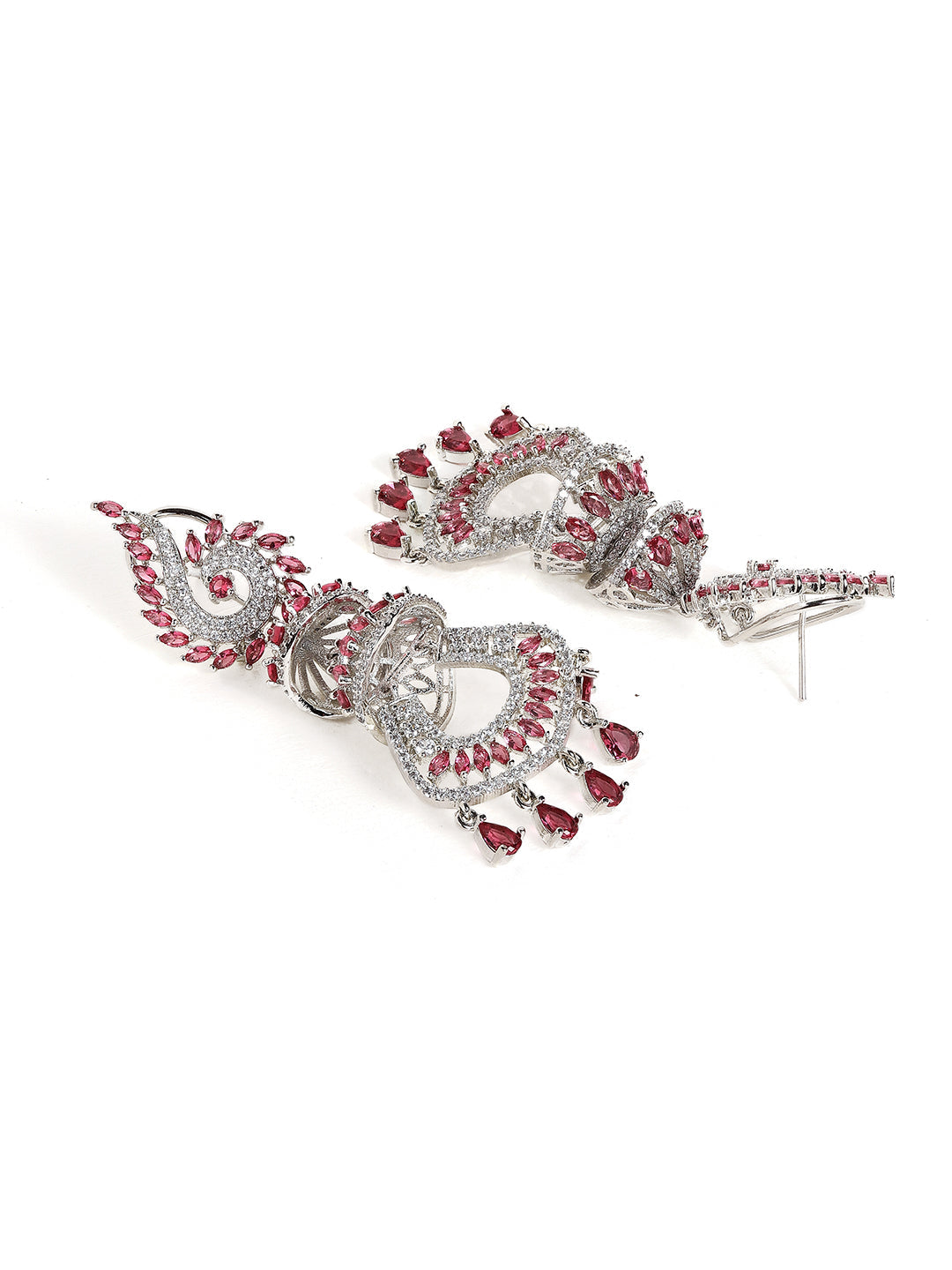 Ruby Stoned American Diamond Statement Pattern Silver Plated Drop Earrings