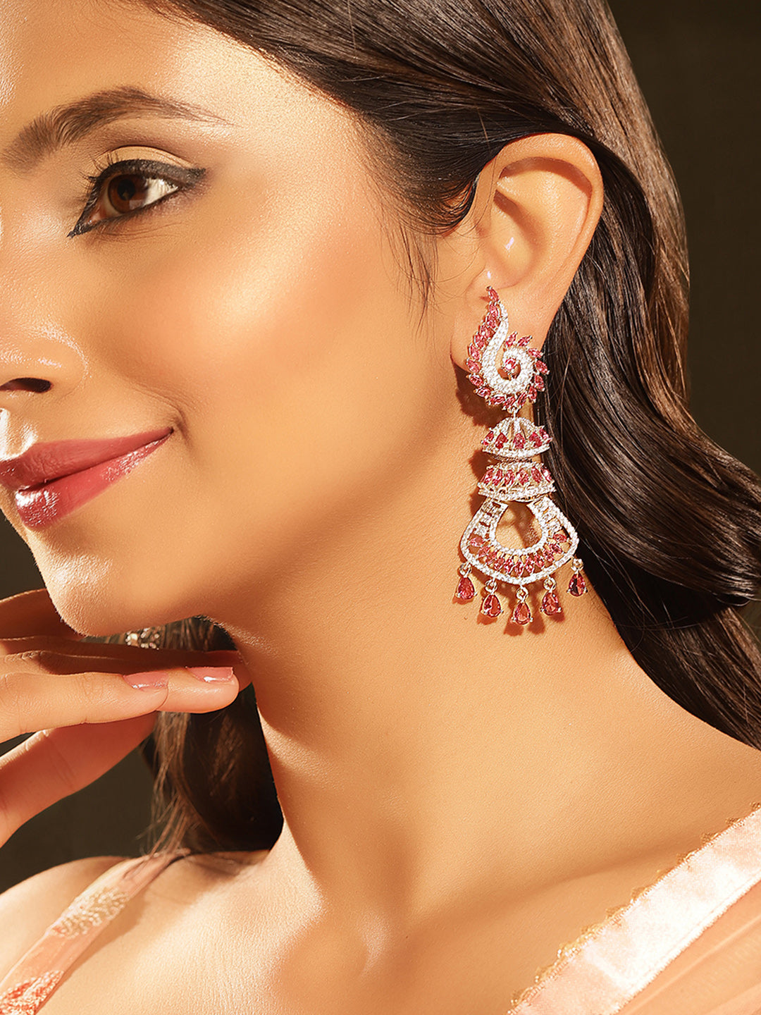 Ruby Stoned American Diamond Statement Pattern Silver Plated Drop Earrings