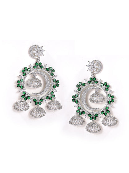 American Diamond Emerald Stoned Silver Plated Mini Jhumkis Drop Earrings