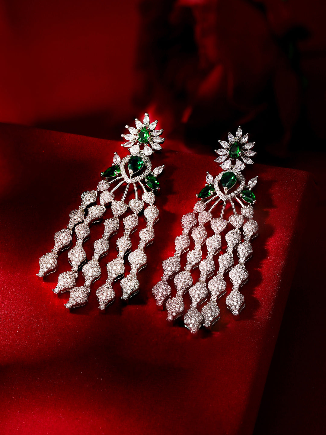 Emerald Stoned Floral Style Silver Plated American Diamond Tassels Earrings