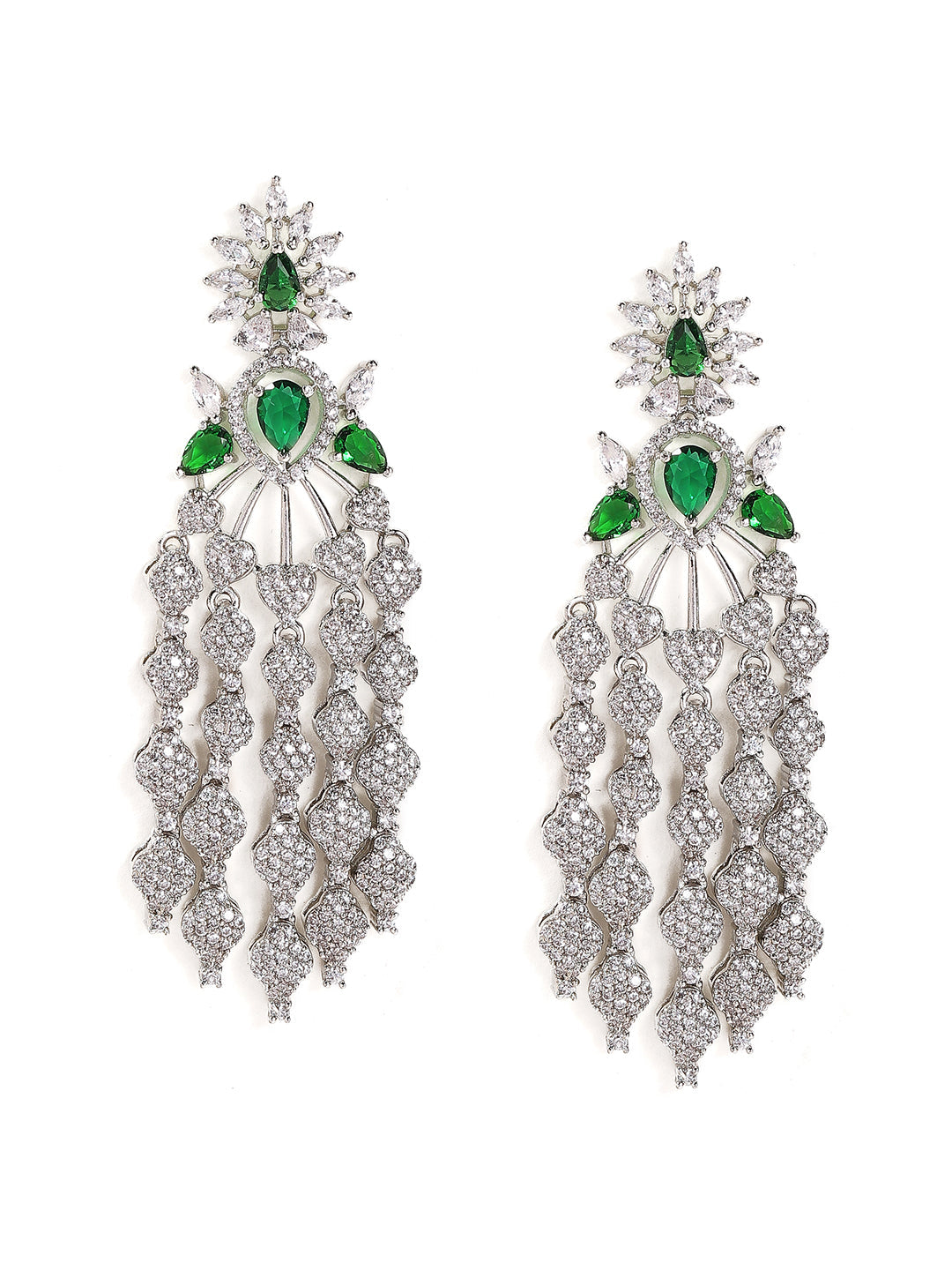 Emerald Stoned Floral Style Silver Plated American Diamond Tassels Earrings