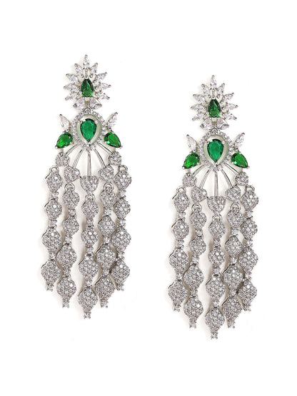 Emerald Stoned Floral Style Silver Plated American Diamond Tassels Earrings