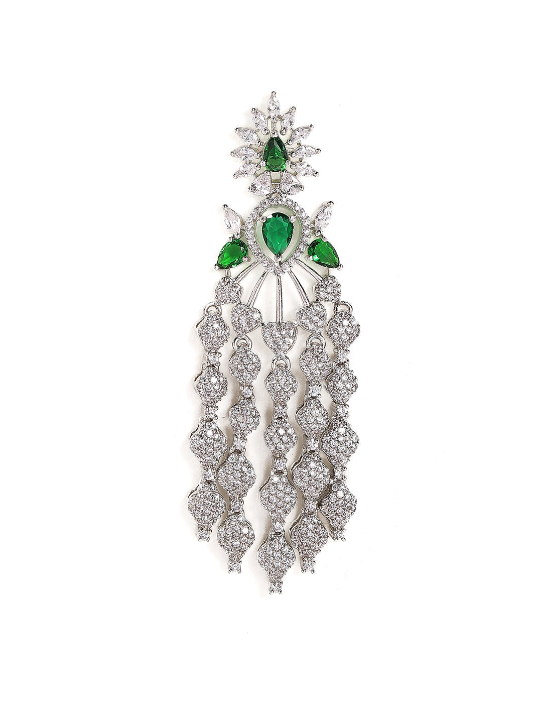 Emerald Stoned Floral Style Silver Plated American Diamond Tassels Earrings