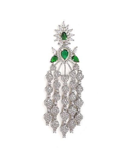 Emerald Stoned Floral Style Silver Plated American Diamond Tassels Earrings