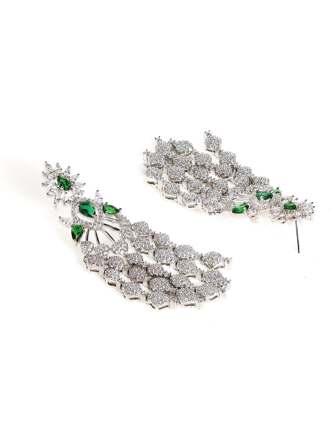 Emerald Stoned Floral Style Silver Plated American Diamond Tassels Earrings