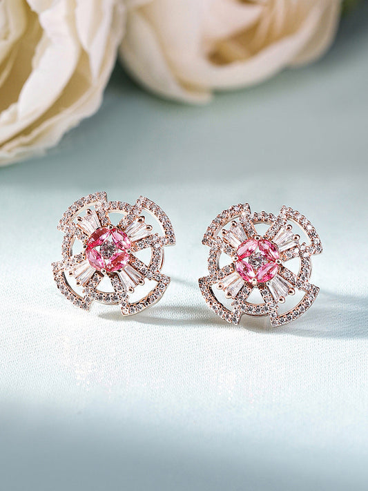 Geometric Shape American Diamond Ruby Stoned Rosegold Stud Earrings