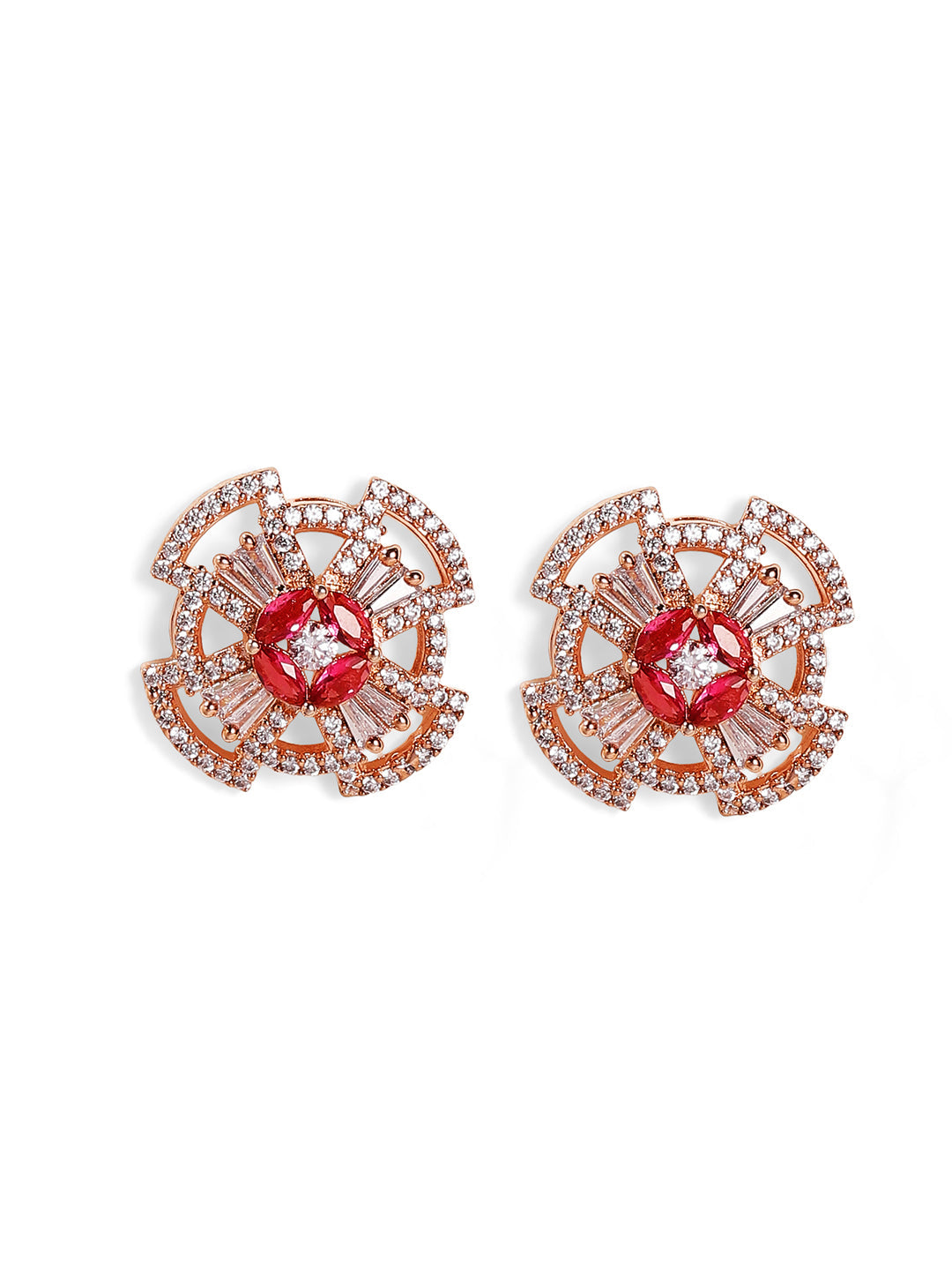 Geometric Shape American Diamond Ruby Stoned Rosegold Stud Earrings