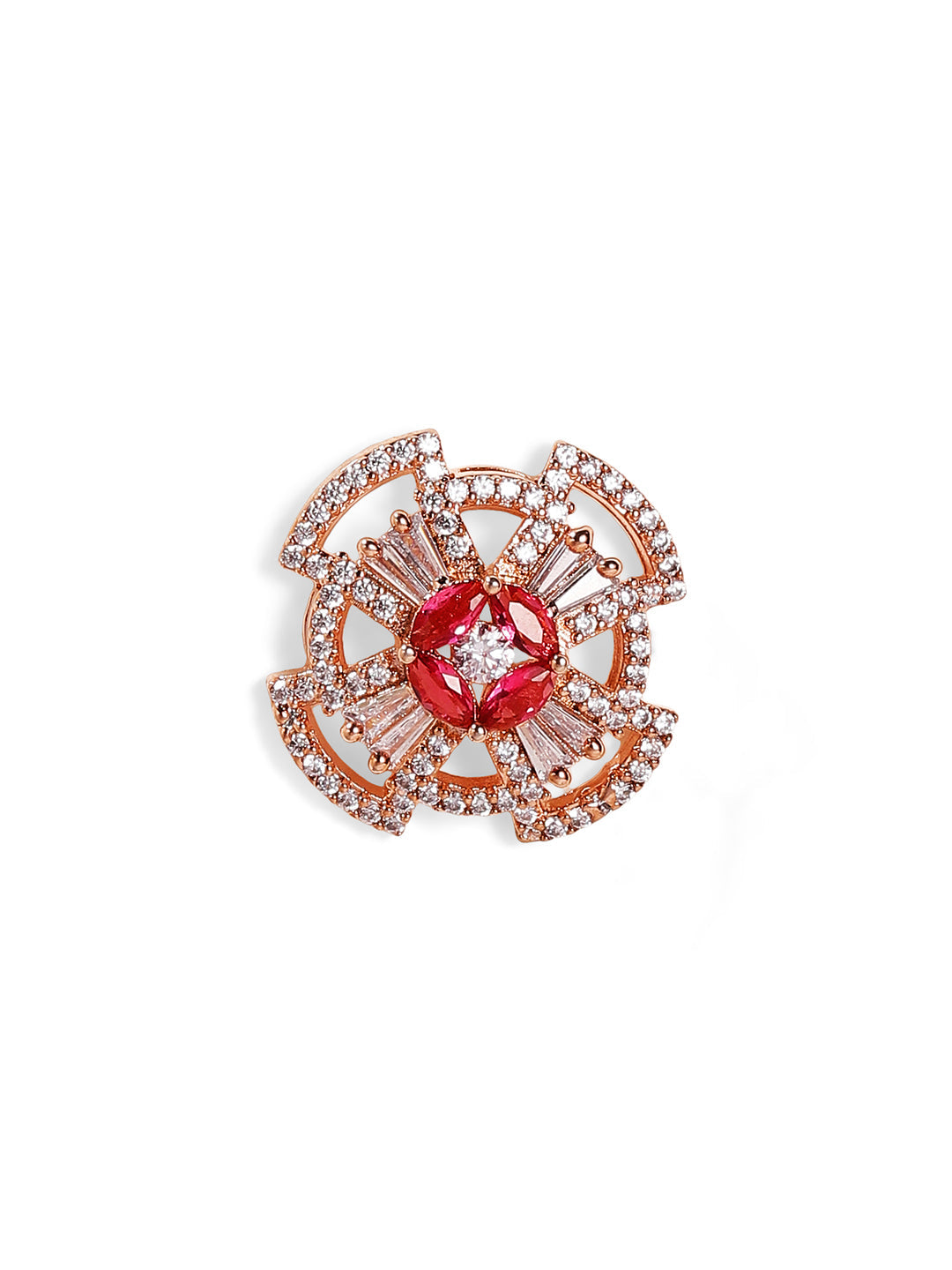 Geometric Shape American Diamond Ruby Stoned Rosegold Stud Earrings