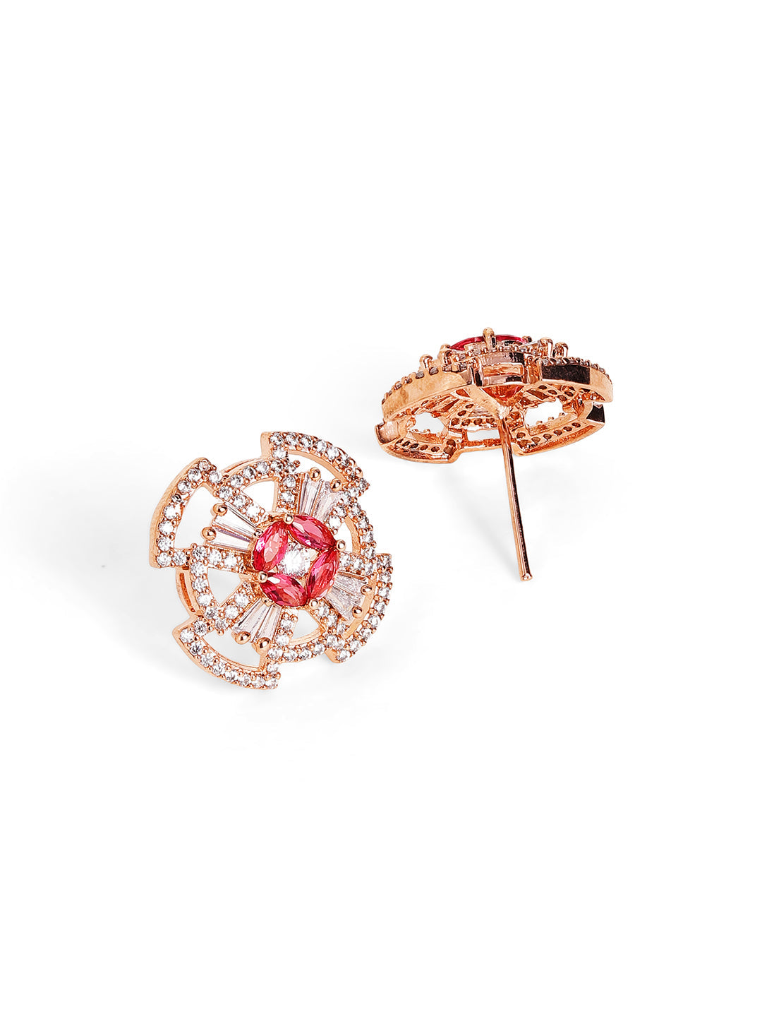Geometric Shape American Diamond Ruby Stoned Rosegold Stud Earrings