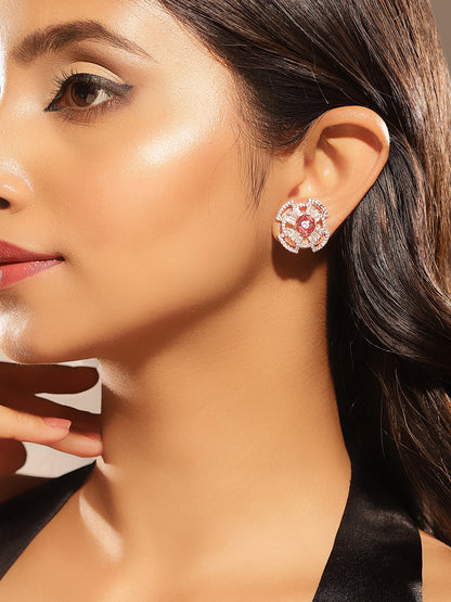 Geometric Shape American Diamond Ruby Stoned Rosegold Stud Earrings