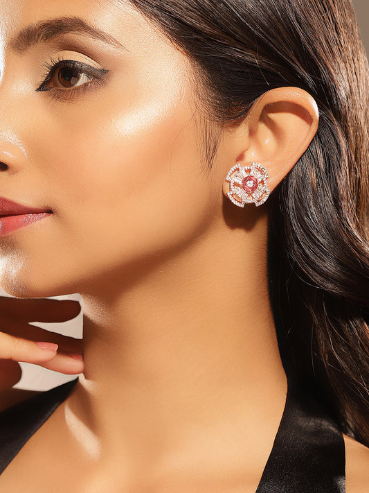 Geometric Shape American Diamond Ruby Stoned Rosegold Stud Earrings