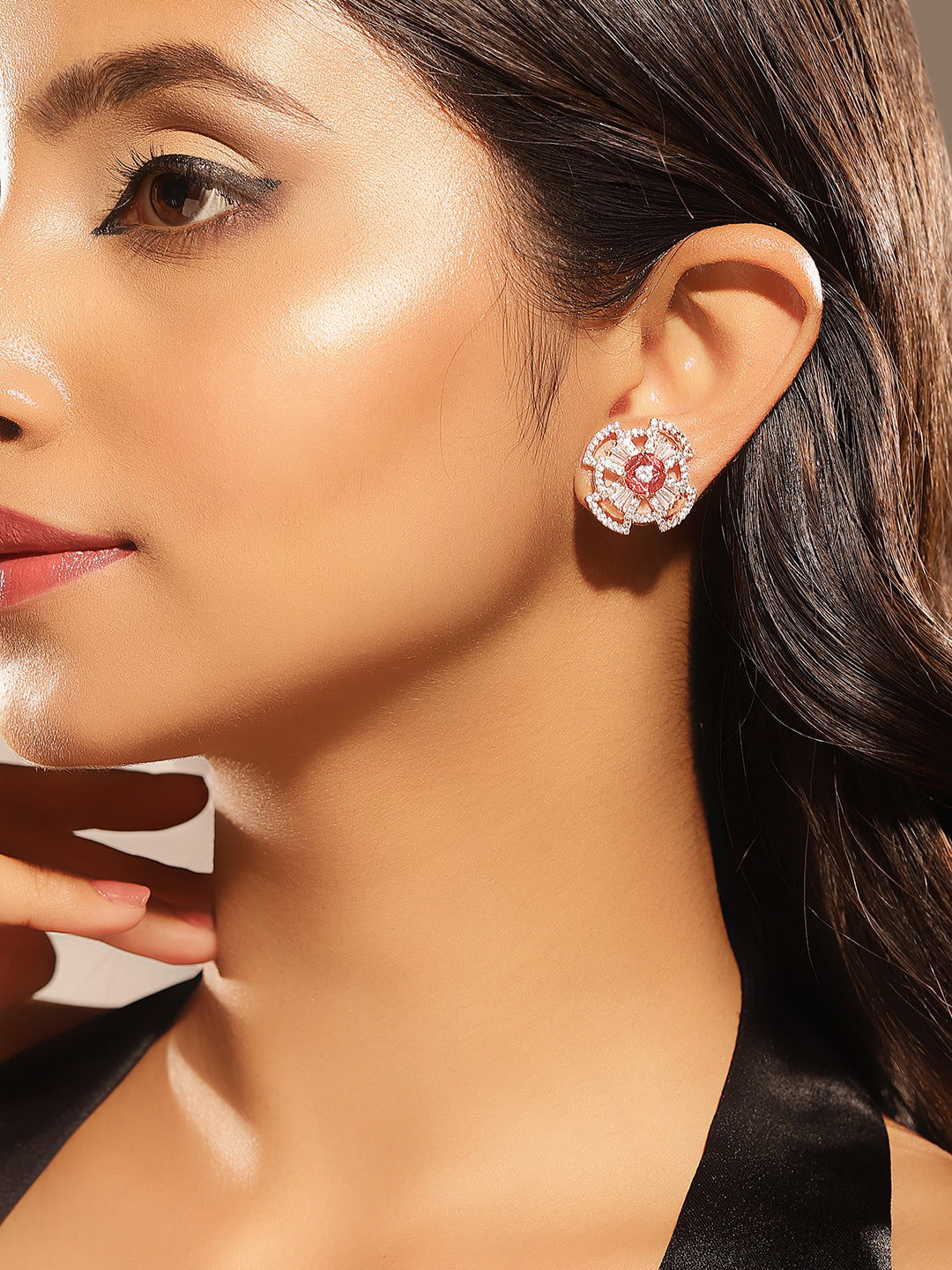 Geometric Shape American Diamond Ruby Stoned Rosegold Stud Earrings