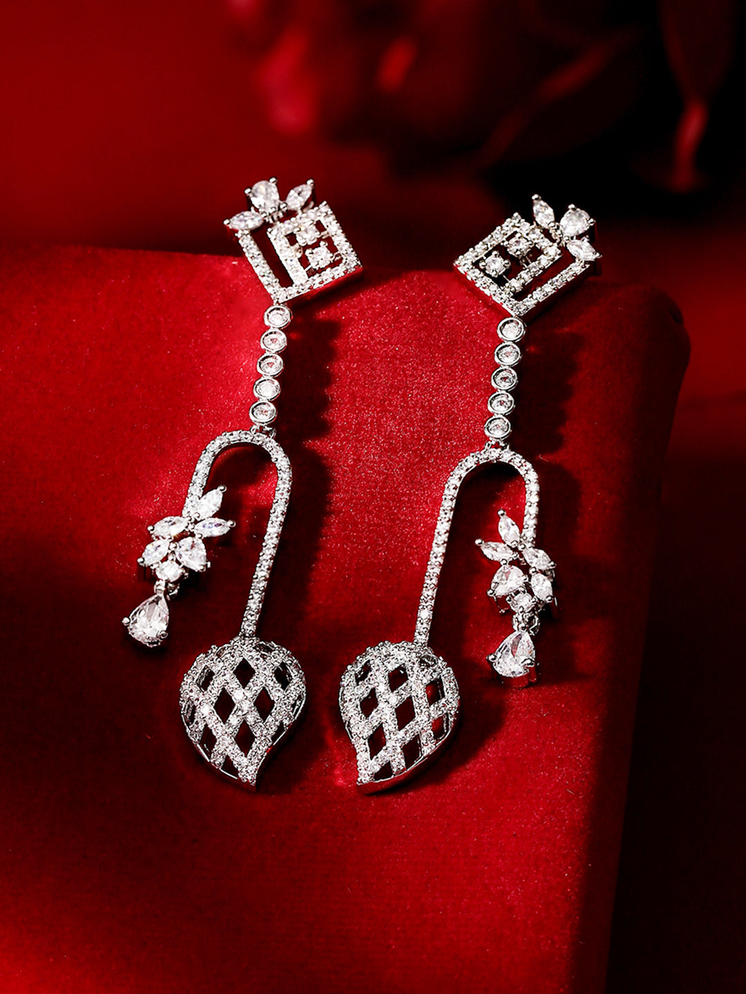 Geometric Pattern American Diamond Silver Plated Statement Drop Earrings