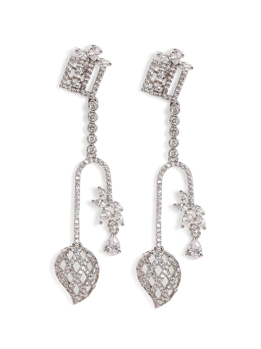 Geometric Pattern American Diamond Silver Plated Statement Drop Earrings