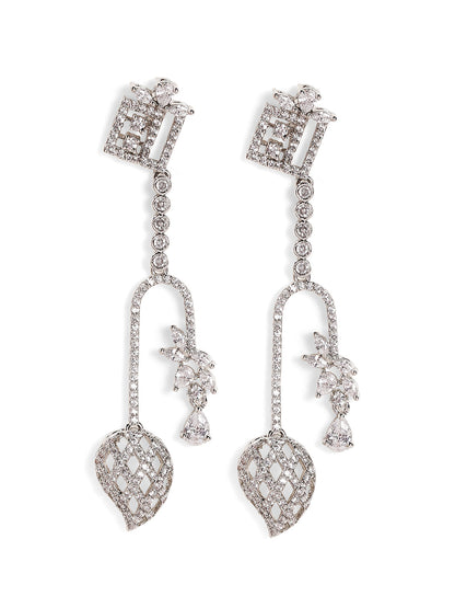 Geometric Pattern American Diamond Silver Plated Statement Drop Earrings