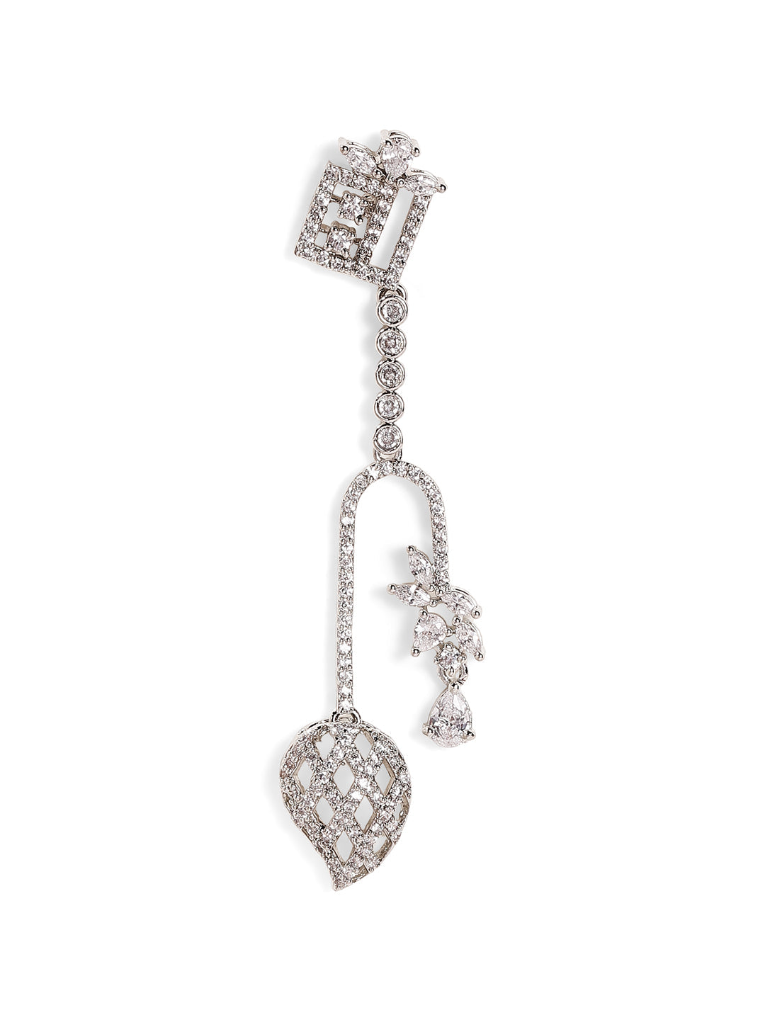 Geometric Pattern American Diamond Silver Plated Statement Drop Earrings