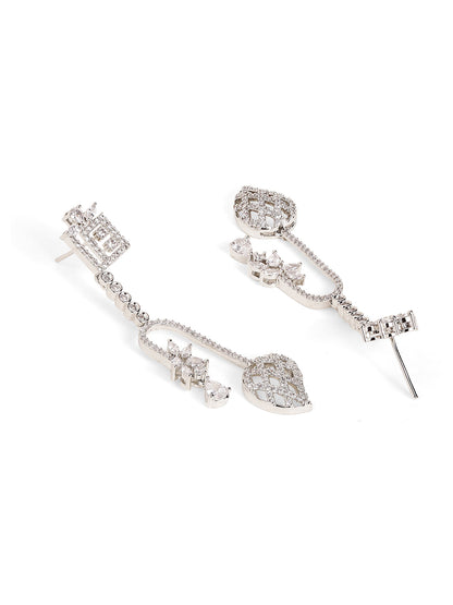 Geometric Pattern American Diamond Silver Plated Statement Drop Earrings