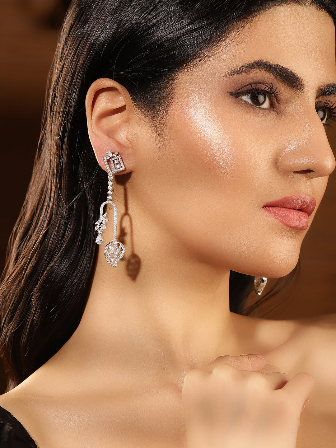Geometric Pattern American Diamond Silver Plated Statement Drop Earrings