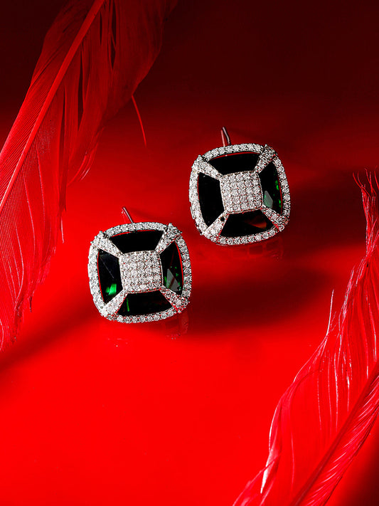 Emerald Stoned American Diamond Silver Plated Stud Earrings