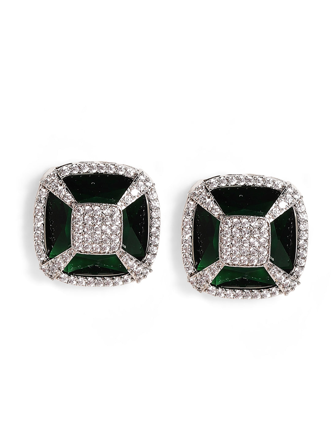 Emerald Stoned American Diamond Silver Plated Stud Earrings