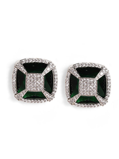 Emerald Stoned American Diamond Silver Plated Stud Earrings