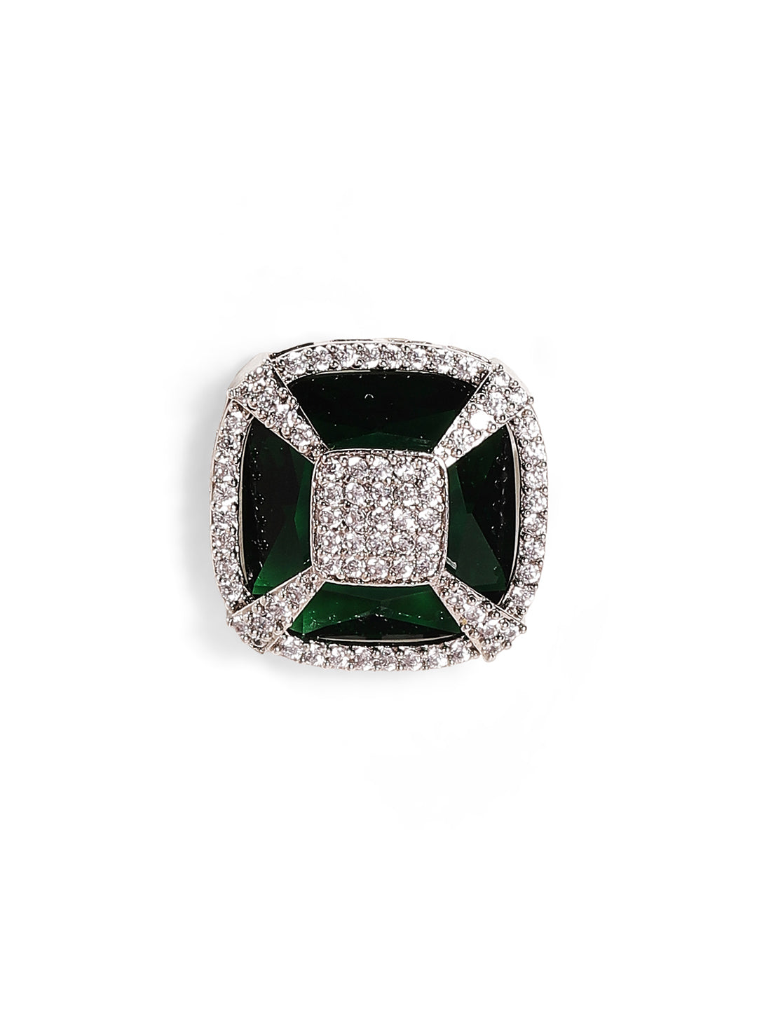 Emerald Stoned American Diamond Silver Plated Stud Earrings