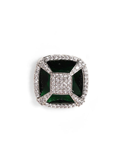 Emerald Stoned American Diamond Silver Plated Stud Earrings